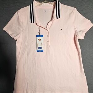 Tommy Hilfiger Womens Polo Shirt L Pink Tipped Collar Short Sleeve NWT